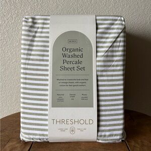 NWT Queen 250 Thread Count Organic Percale Sheet Set Sage Green Stripe Threshold